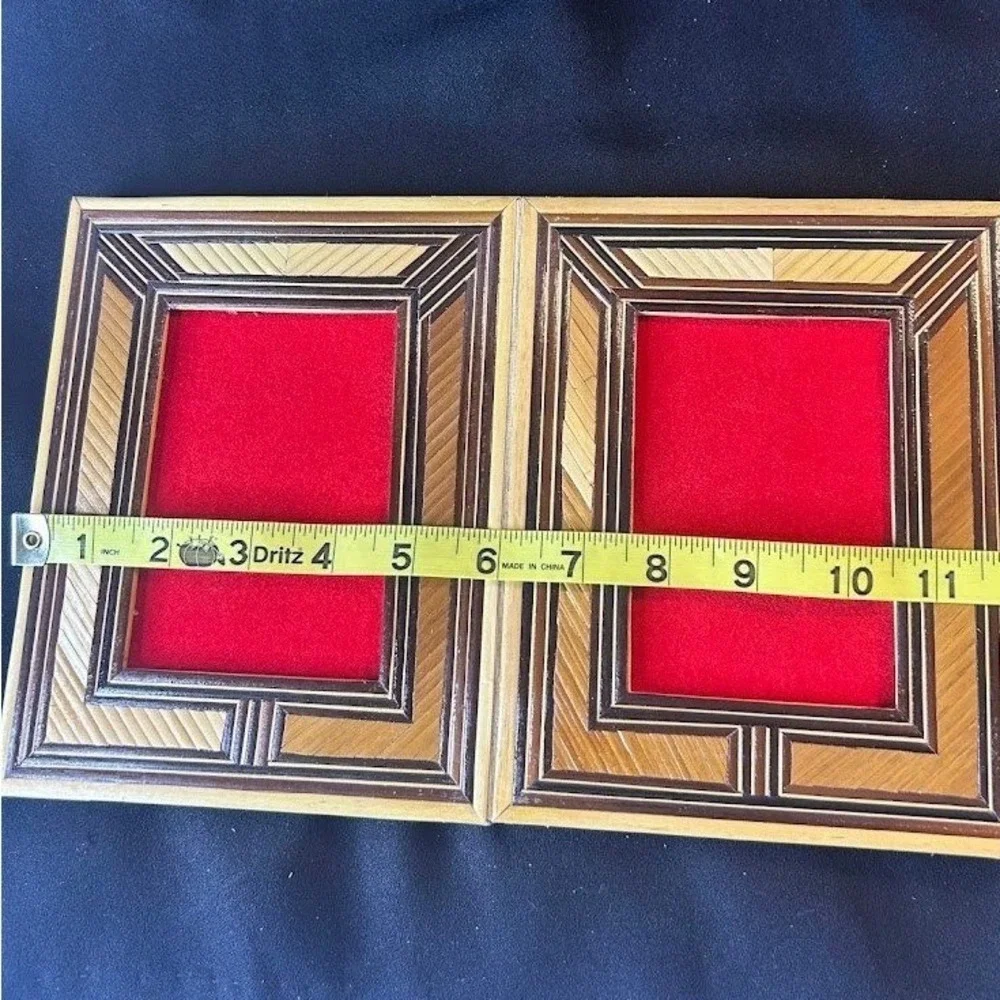 Vintage Marquetry Wood Folding Double Picture Frame Straw Art Geometric Brown